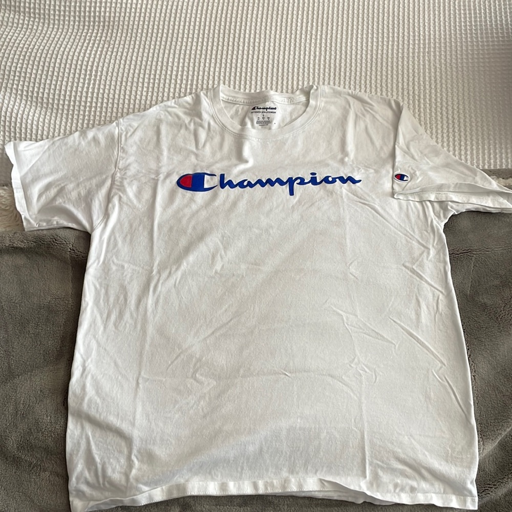 Size Large- white / blue logo Champion tee shirt